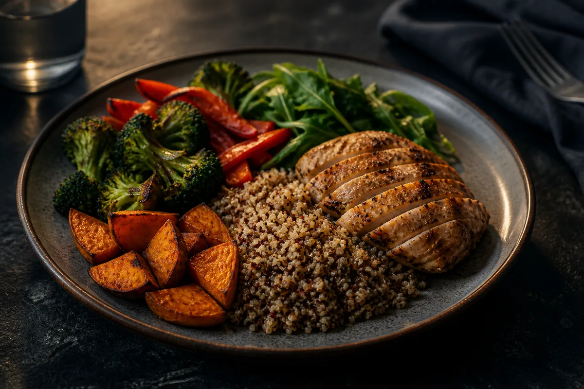 Assiette équilibrée composée de légumes, de féculents complets et d&rsquo;une source de protéines