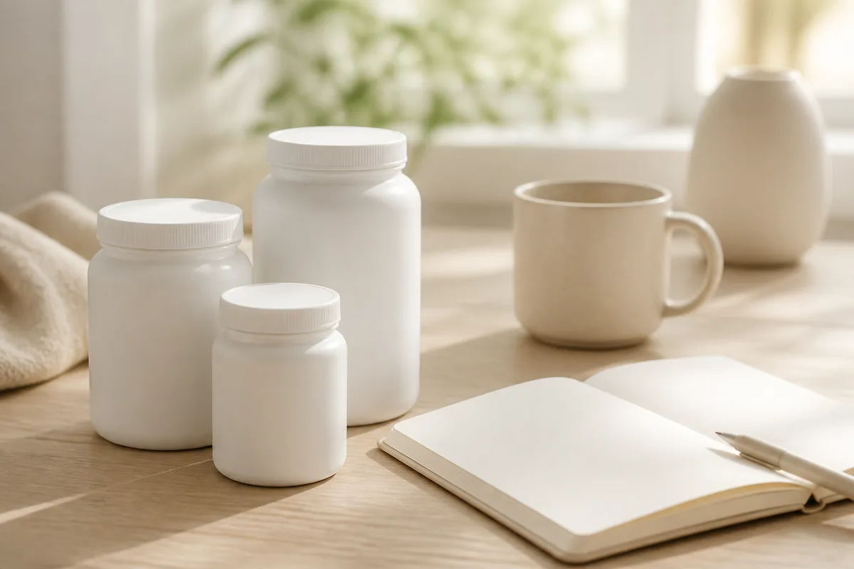 Pots de compléments alimentaires posés à côté d&rsquo;un carnet de suivi