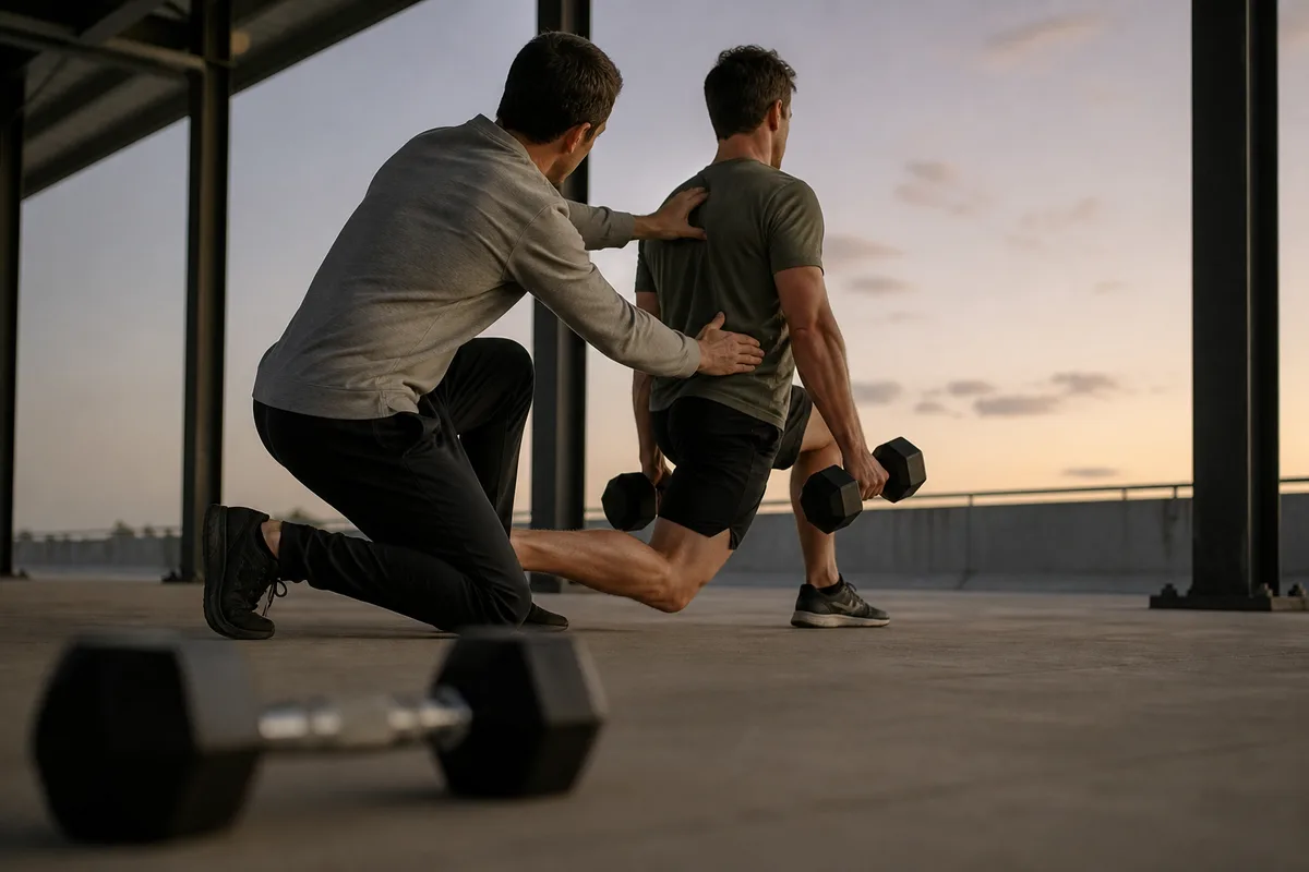 Un professionnel corrige la posture d&rsquo;un pratiquant lors d&rsquo;un exercice avec haltères