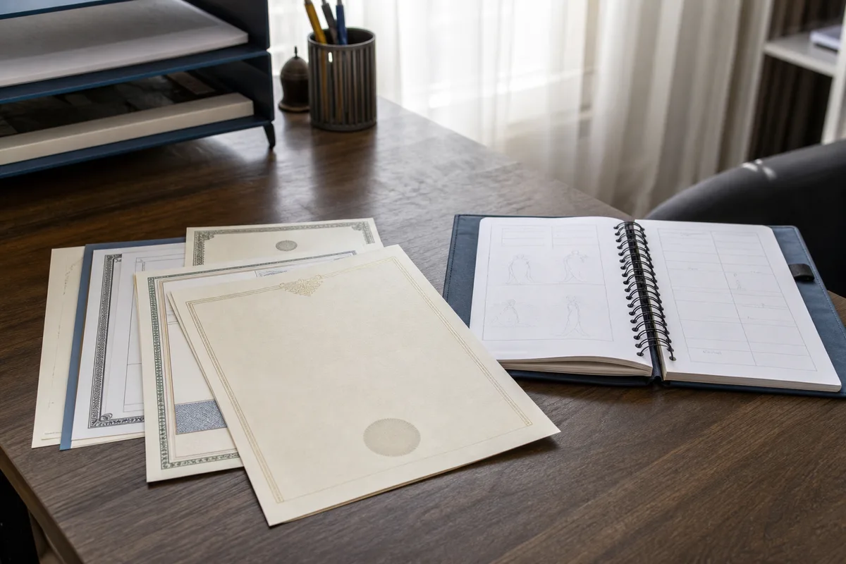 Diplômes et documents professionnels posés sur un bureau à côté d&rsquo;un carnet d&rsquo;entraînement