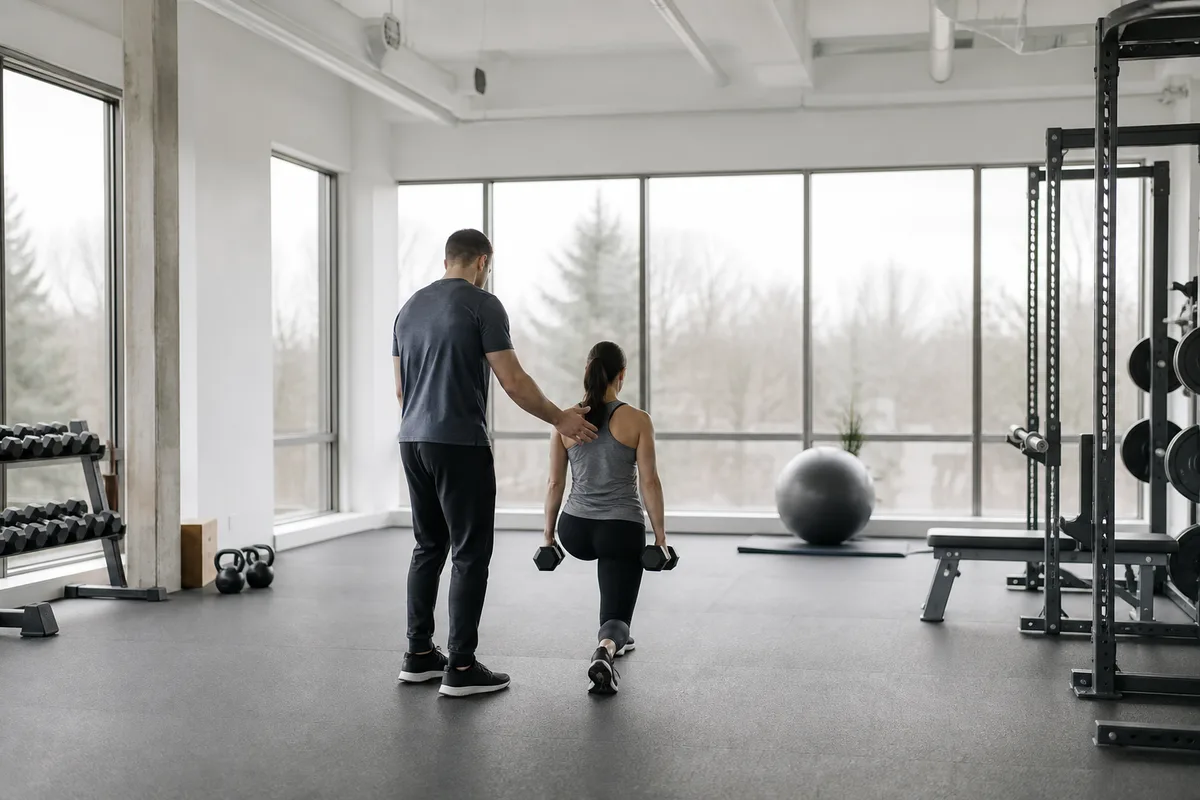 Un coach accompagne une personne pendant un exercice de renforcement dans une salle lumineuse