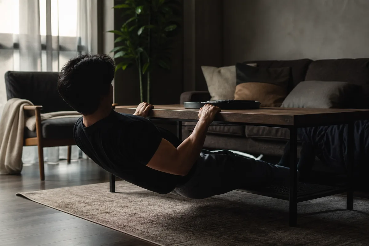 Rowing horizontal réalisé sous une table basse robuste dans un salon