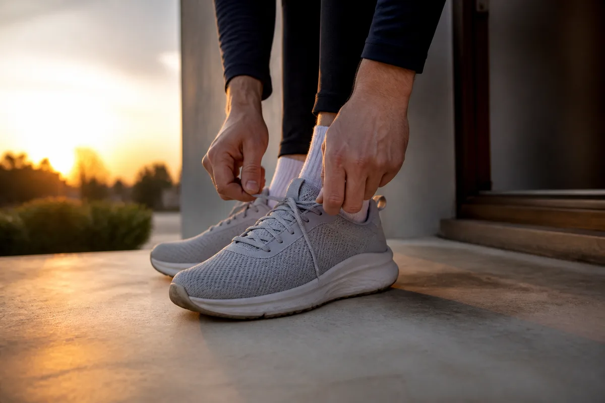 Un adulte enfile ses chaussures de sport avant une séance de marche rapide