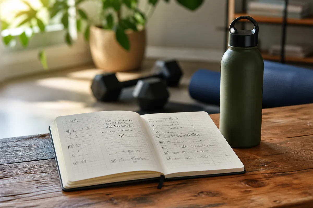 Carnet d’entraînement ouvert avec des notes de séances et une bouteille d’eau