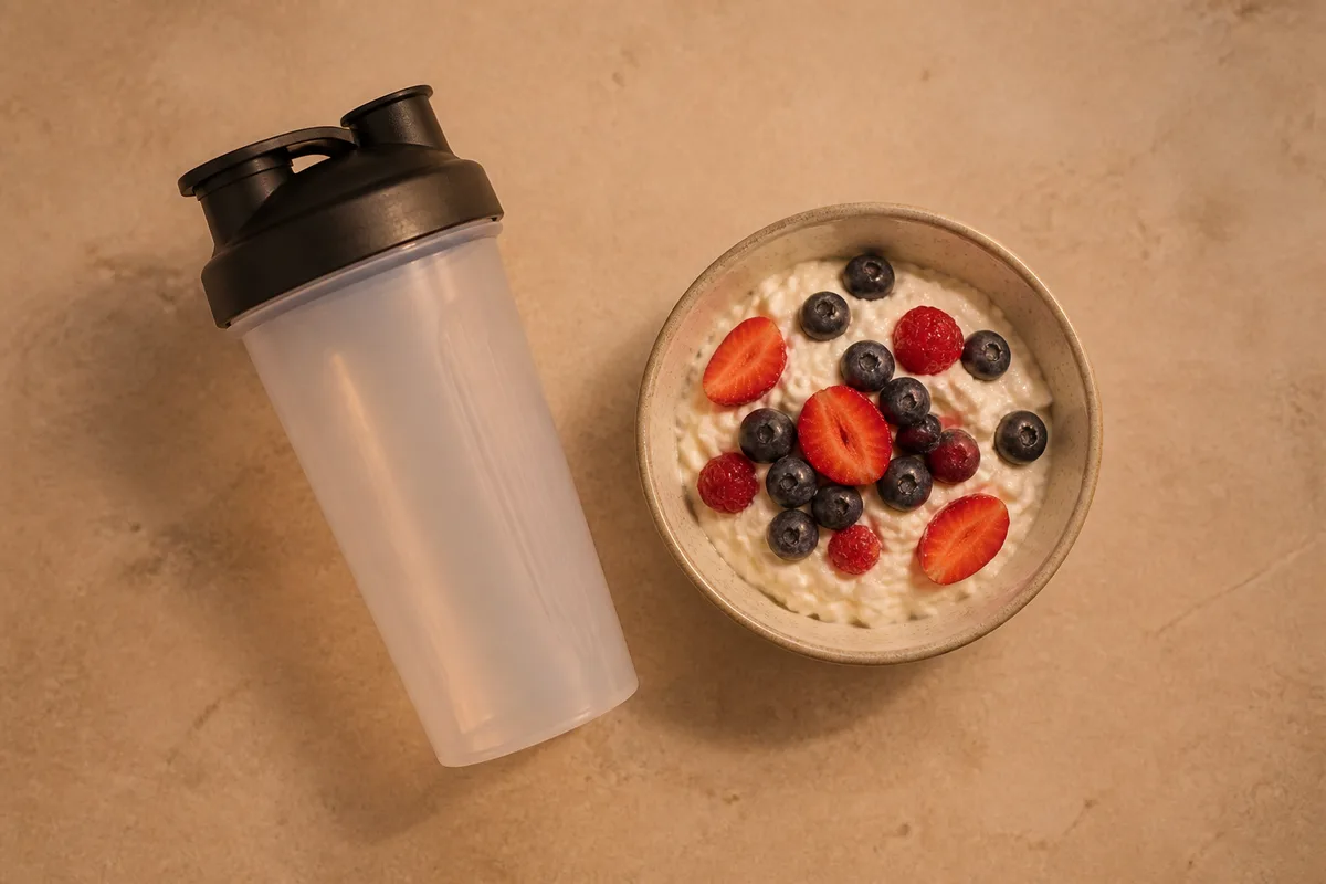 Un shaker de protéines posé à côté d&rsquo;un bol de fromage blanc et de fruits