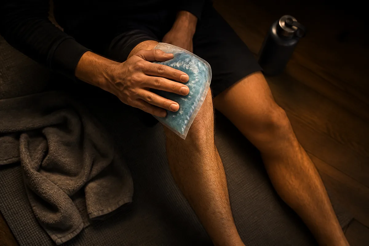 Application de glace sur un genou douloureux après une séance